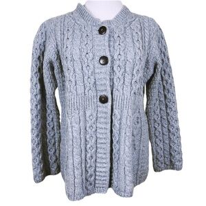 Carraig Donn Merino Irish Wool Cable Knit Cardigan Sweater Chunky Knit Gray